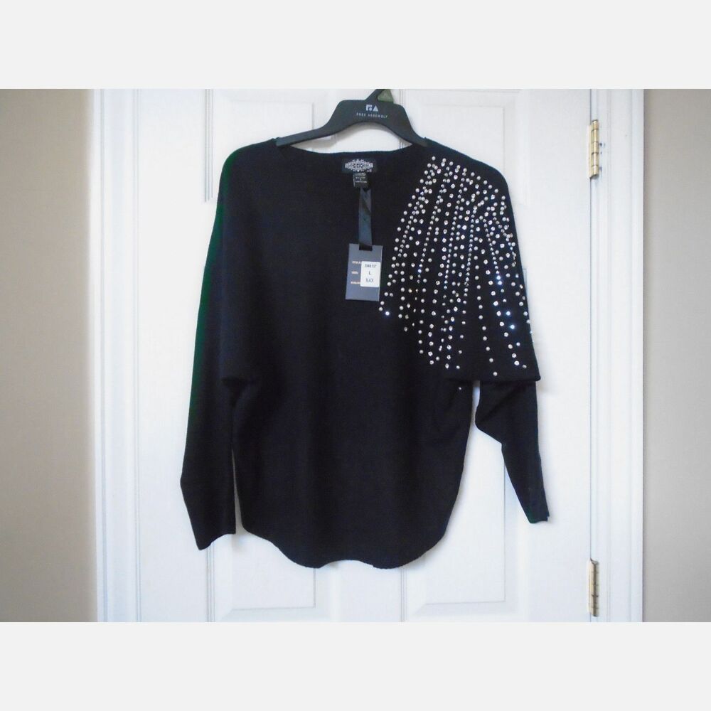 Anthropology sweater black bead and rhinestones NEW Large Oliver O